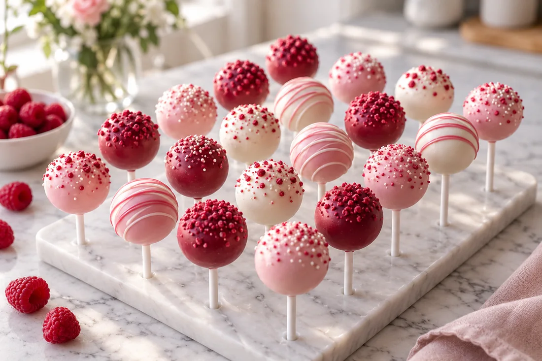 A finished tray of glossy cake pops