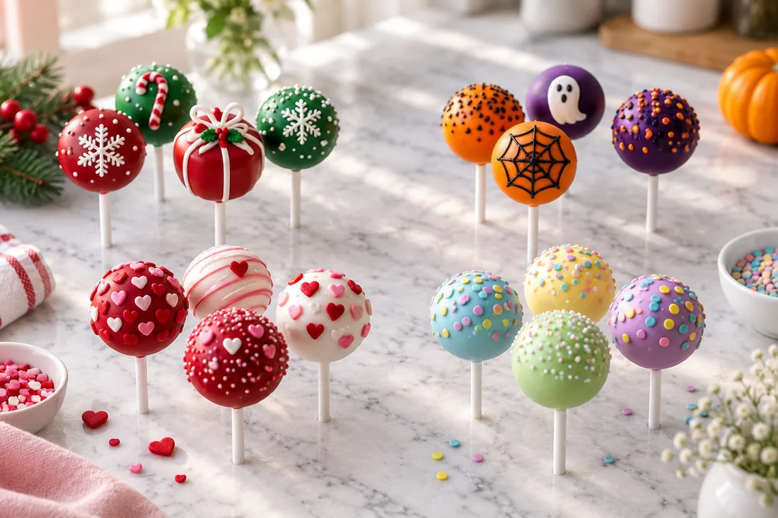 Cake pops decorated for Christmas, Halloween, Valentine's and birthdays